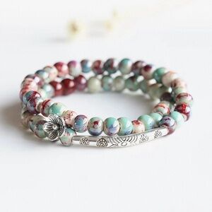 Turquoise & Burgundy Floral Bead Wrap Bracelet